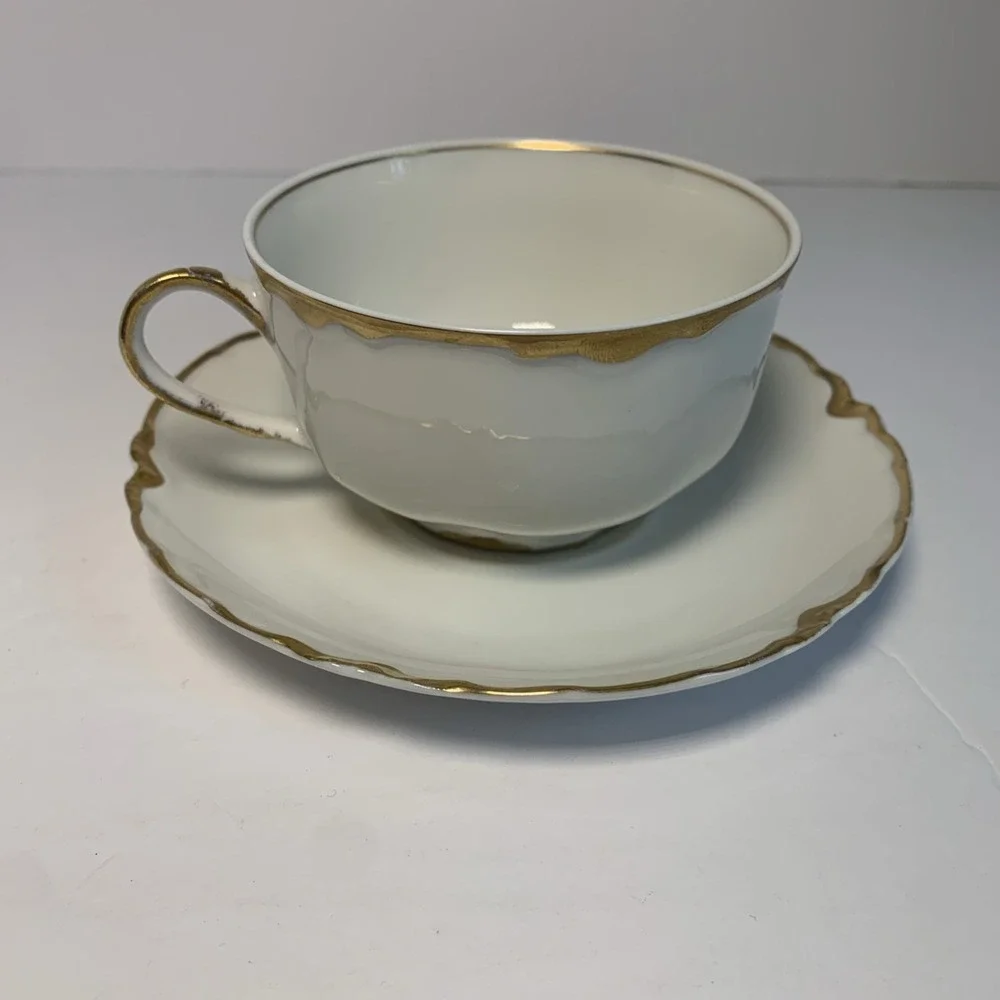 Haviland Limoges France Tea Cup Saucer Set White Gold Encrusted‎ Scalloped Edge